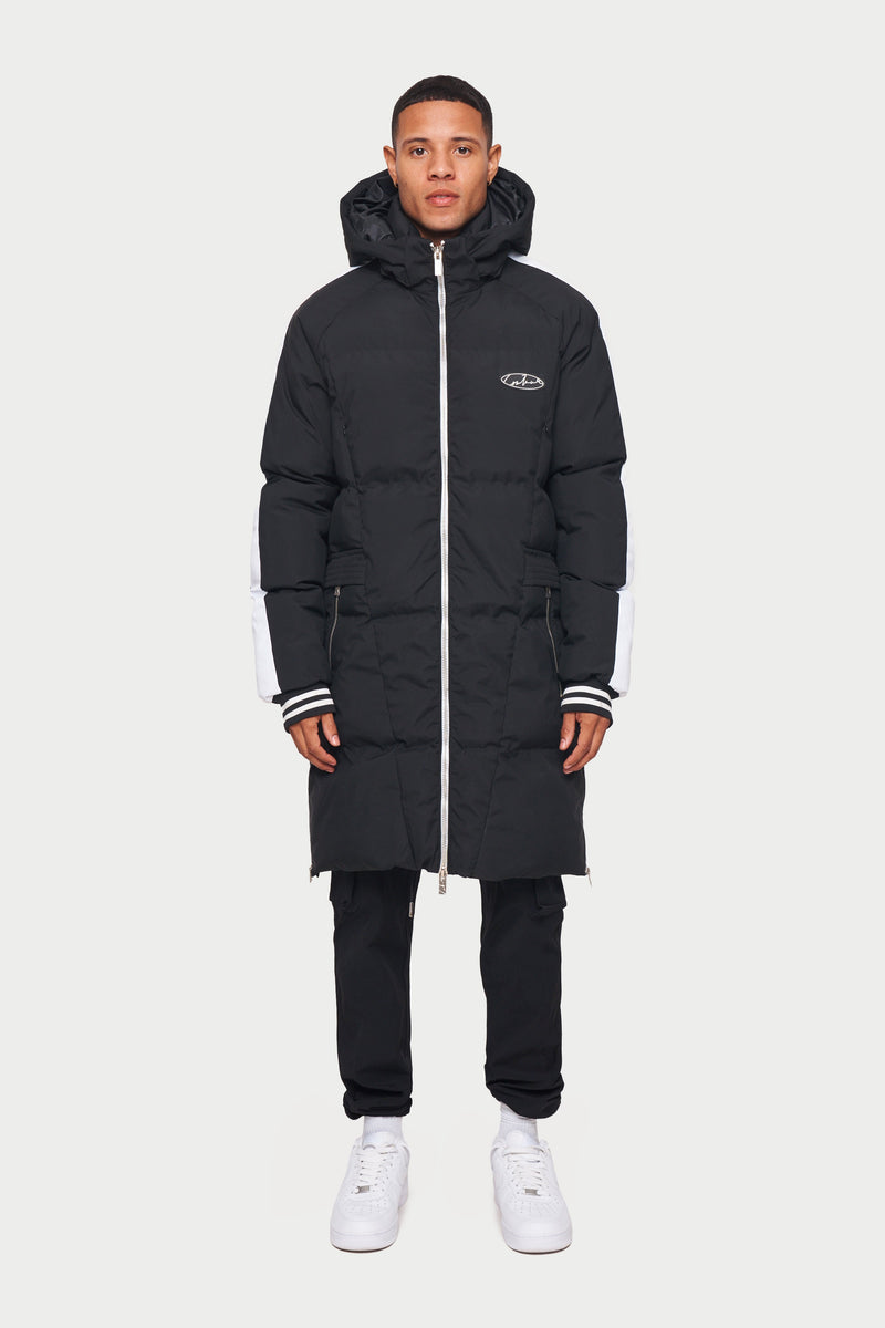 Black Racer Panelled Longline Puffer The Couture Club