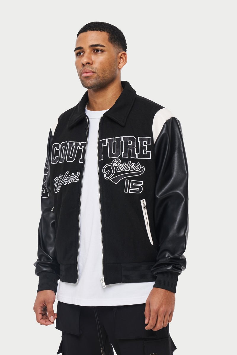 The Couture Club Satin Bomber Jacket with Varsity Badging in Black