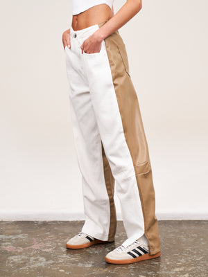 PU SPLICED DENIM JEANS - OFF WHITE/BEIGE