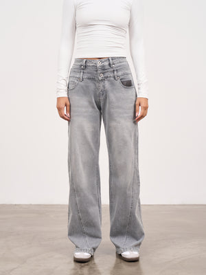 DISTRESSED DOUBLE WAISTBAND JEANS - GREY WASH