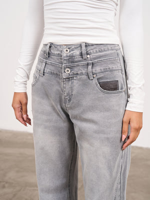 DISTRESSED DOUBLE WAISTBAND JEANS - GREY WASH