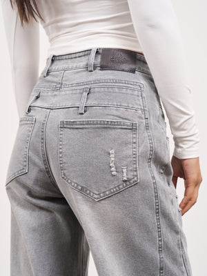 DISTRESSED DOUBLE WAISTBAND JEANS - GREY WASH