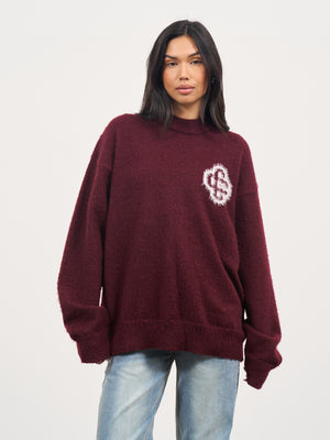 FLUFFY EMBLEM KNITTED CREW - BURGUNDY