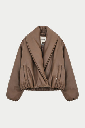 OVERSIZED COLLAR FAUX LEATHER PUFFER COAT - BROWN