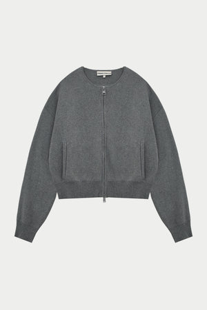 COLLARLESS KNITTED ZIP THROUGH BOMBER - GREY MARL