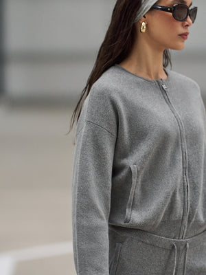 COLLARLESS KNITTED ZIP THROUGH BOMBER - GREY MARL