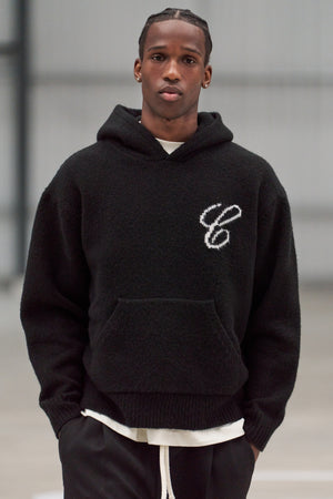 SCRIPT LOGO GRAPHIC BRUSHED KNITTED HOODIE - BLACK