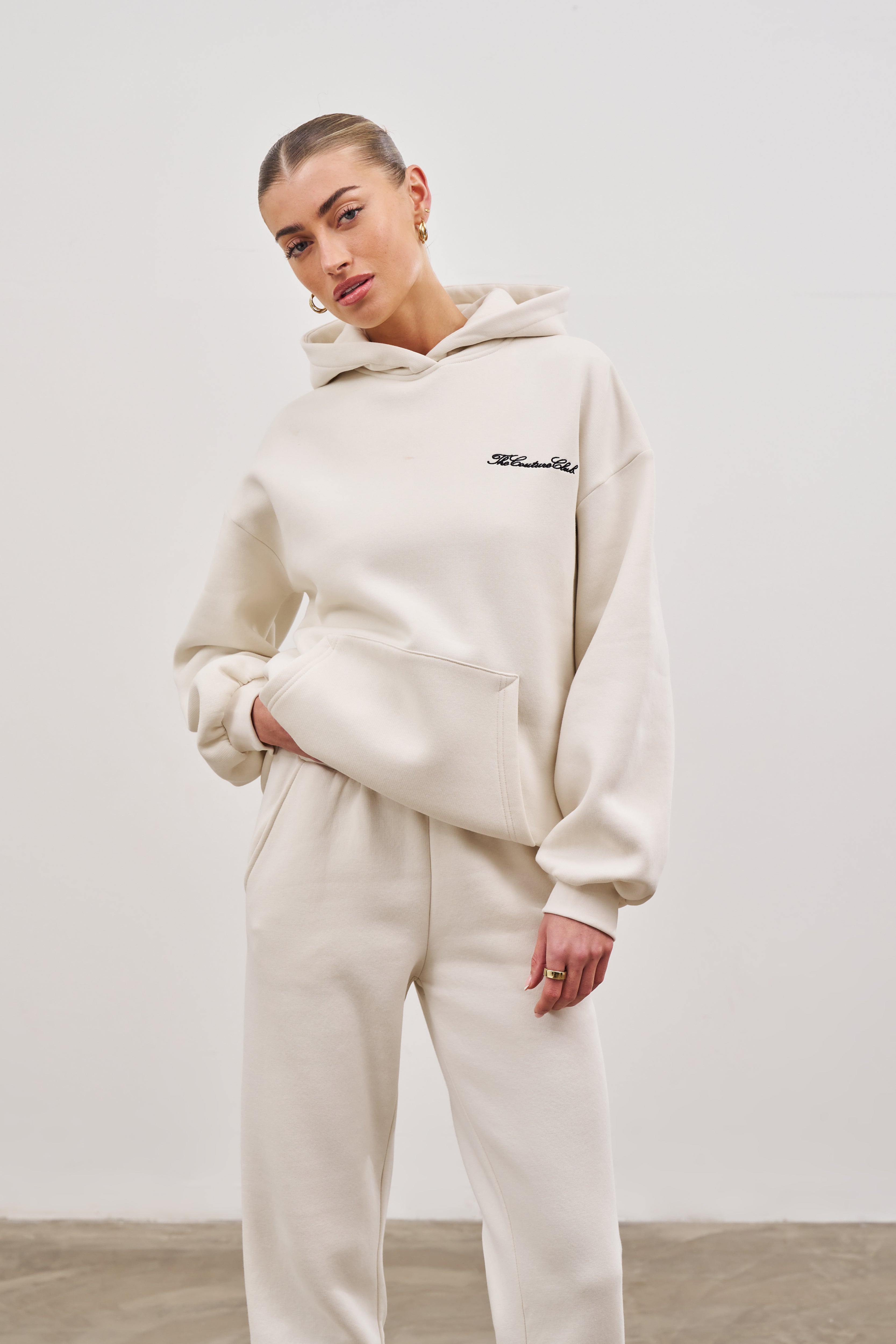 COUTURE SCRIPT PUFF SLEEVE HOODIE OFF WHITE The Couture Club