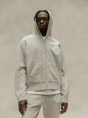 FLUFFY EMBLEM ZIP THROUGH KNITTED HOODIE - BEIGE