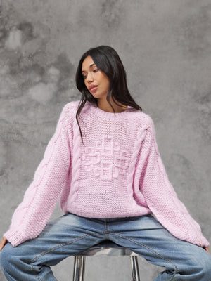 EMBLEM PLAITED OVERSIZED KNIT JUMPER - PINK