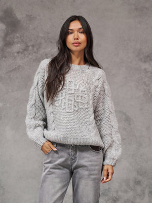 EMBLEM PLAITED OVERSIZED KNIT JUMPER - GREY MARL