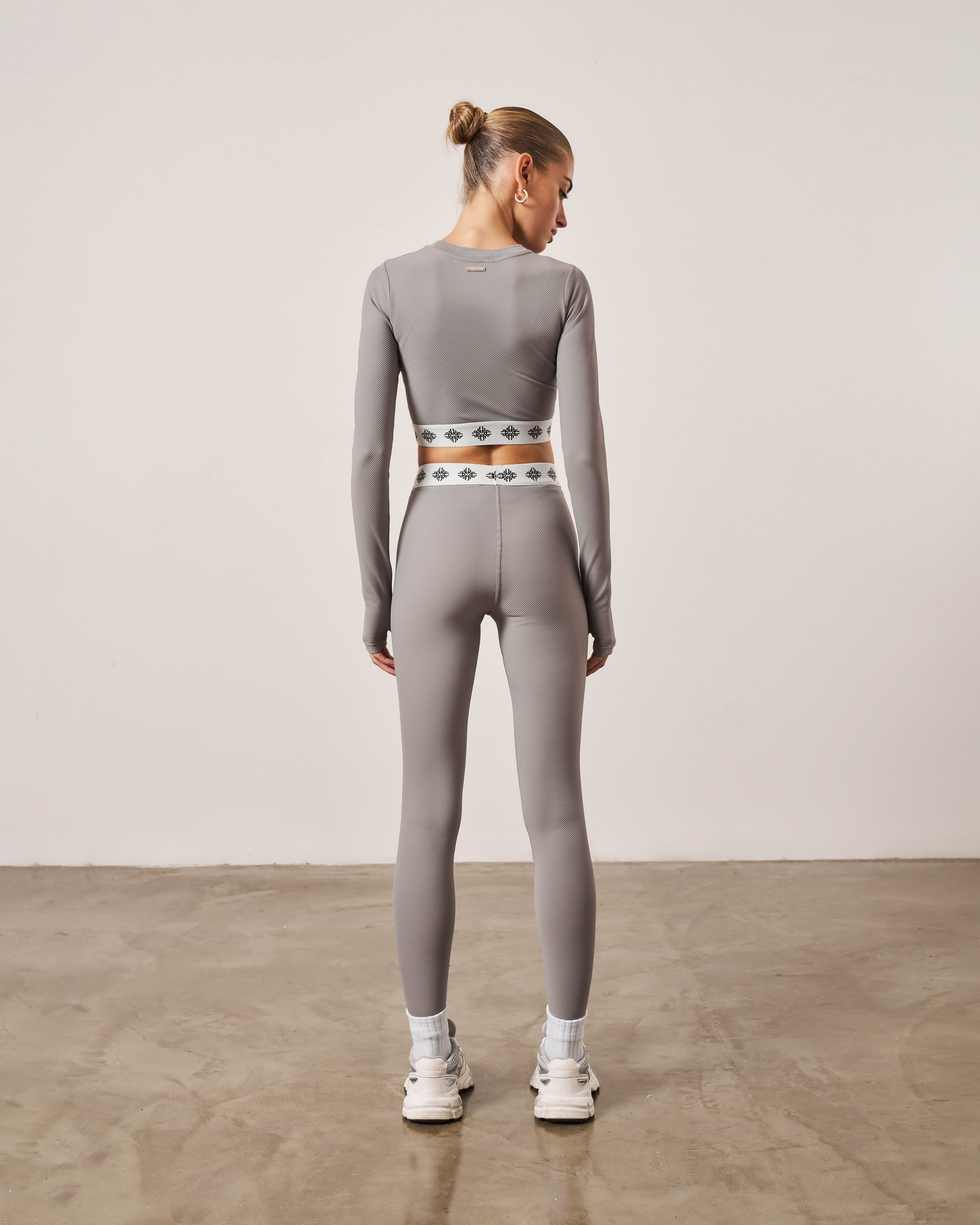 BRANDED WAISTBAND RIBBED LEGGINGS GREY The Couture Club