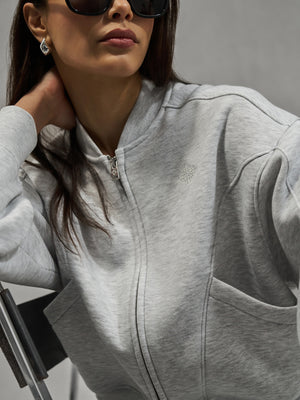 SEAM DETAIL OVERSIZED ZIP THROUGH BOMBER - GREY MARL