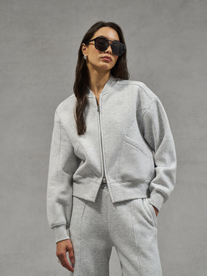 SEAM DETAIL OVERSIZED ZIP THROUGH BOMBER - GREY MARL