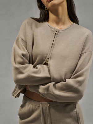 COLLARLESS KNITTED ZIP THROUGH BOMBER - BEIGE