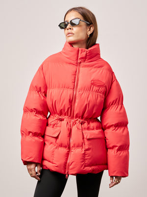 TIE WAIST PLEATED PUFFER COAT - RED