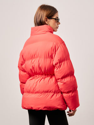 TIE WAIST PLEATED PUFFER COAT - RED