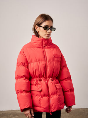 TIE WAIST PLEATED PUFFER COAT - RED