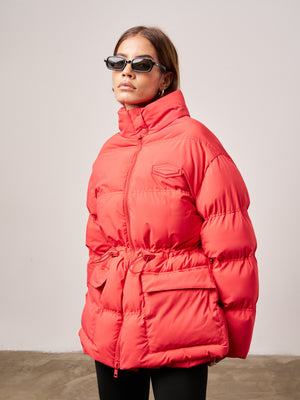 TIE WAIST PLEATED PUFFER COAT - RED