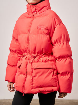 TIE WAIST PLEATED PUFFER COAT - RED