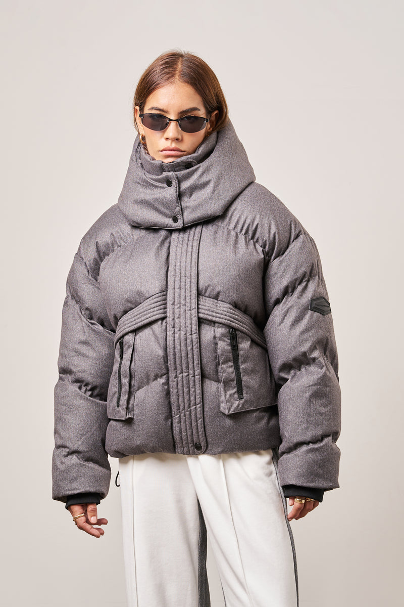 OVERSIZED TIE HEM PUFFER JACKET - GREY – The Couture Club