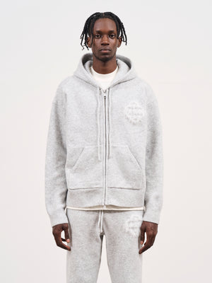 FLUFFY EMBLEM ZIP THROUGH KNITTED HOODIE - GREYMARL