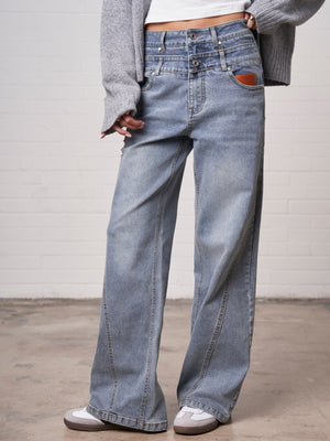 DISTRESSED DOUBLE WAISTBAND JEANS - BLUE WASH