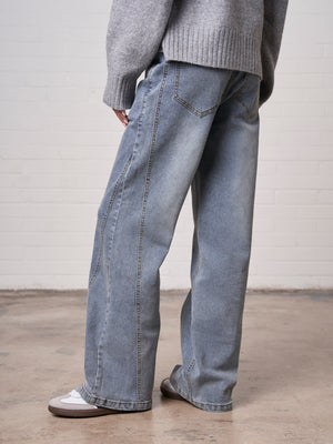 DISTRESSED DOUBLE WAISTBAND JEANS - BLUE WASH