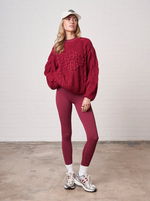 EMBLEM PLAITED OVERSIZED KNIT JUMPER - BURGUNDY