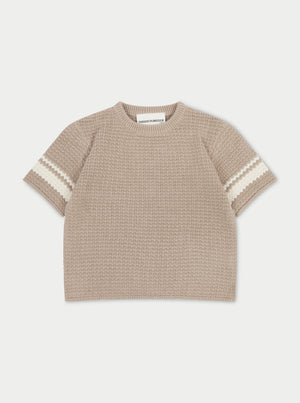 KIDS CROCHET KNITTED CONTRAST STRIPE T-SHIRT - BROWN