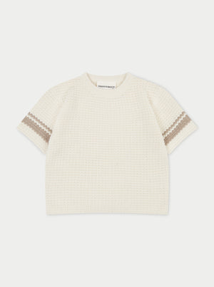 KIDS CROCHET KNITTED CONTRAST STRIPE T-SHIRT - OFF WHITE