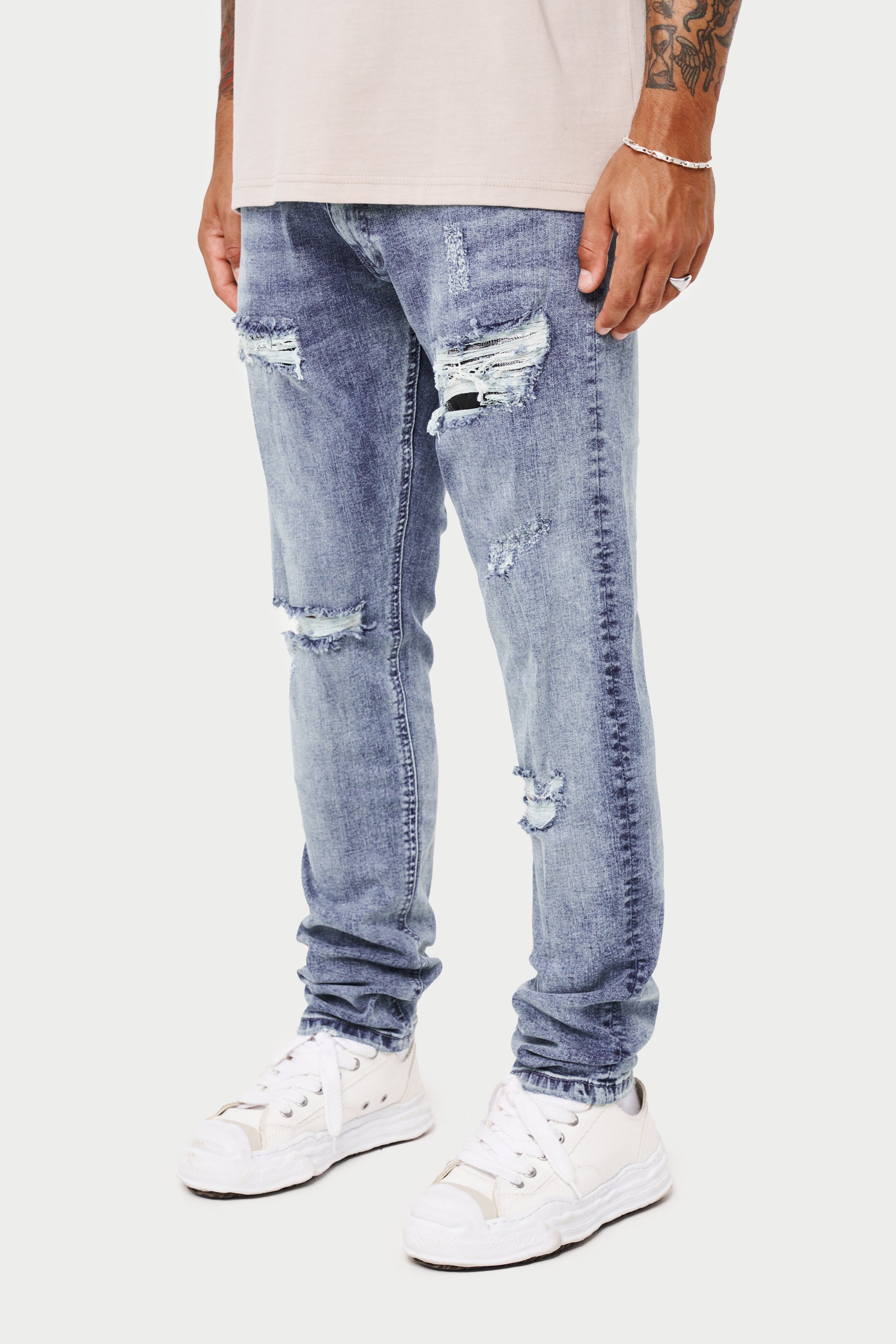 RIP AND REPAIR STACKED JEANS - BLUE WASH – The Couture Club