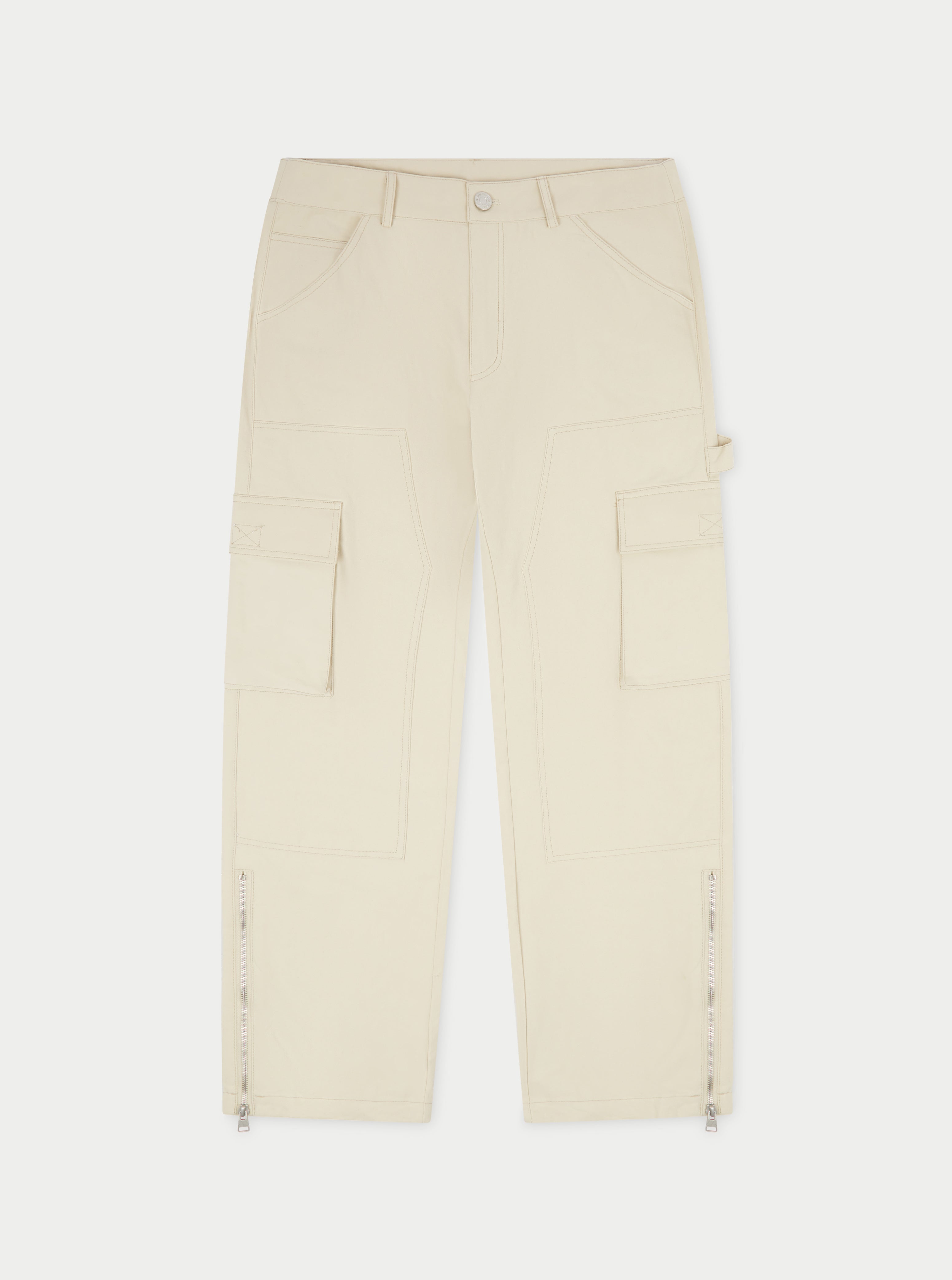 CONTRAST STITCH ZIP DETAIL CARGO TROUSERS - LIGHT BEIGE – The