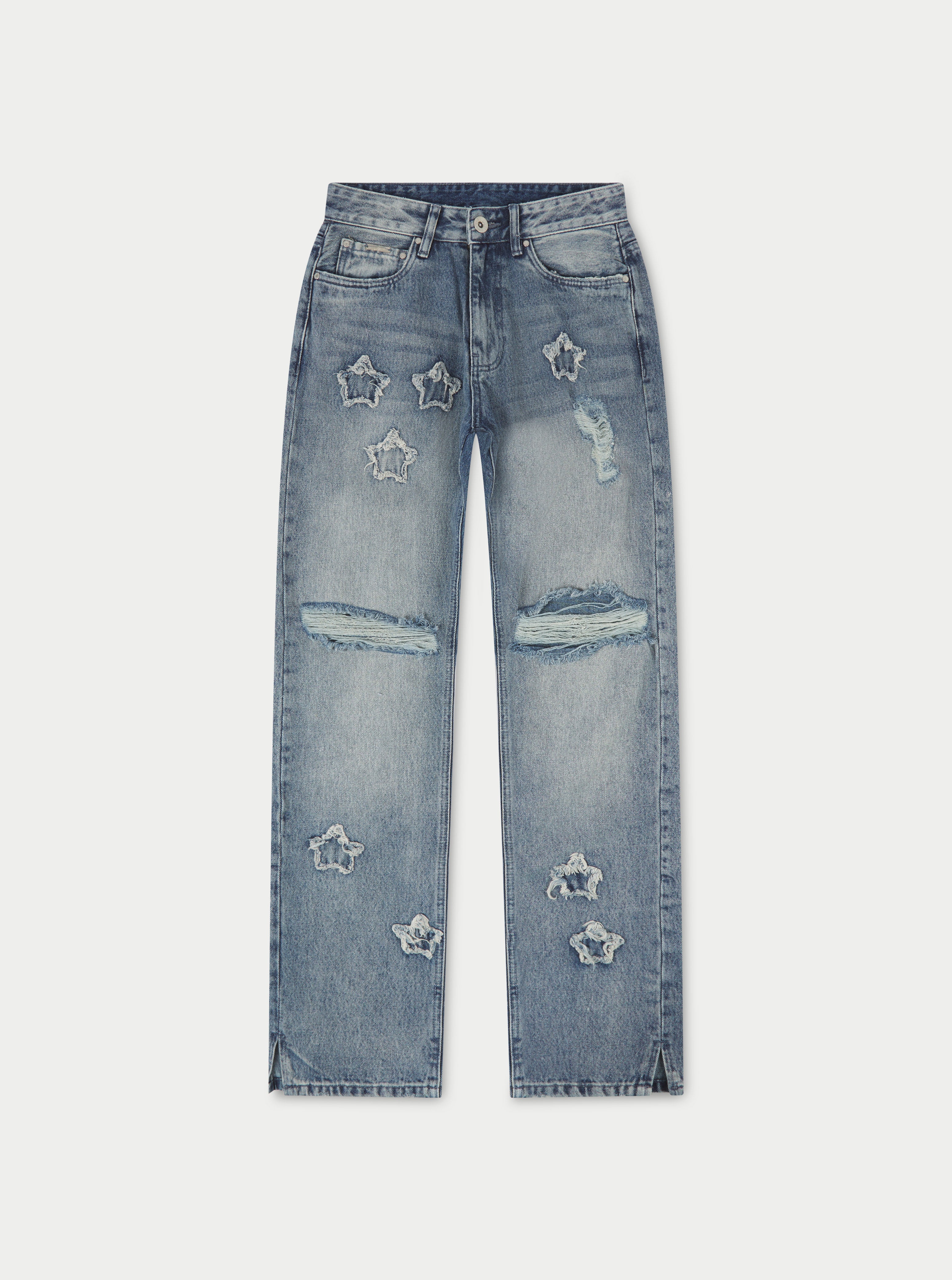 Black Wash Rip And Repair Paint Stacked Jeans | The Couture Club