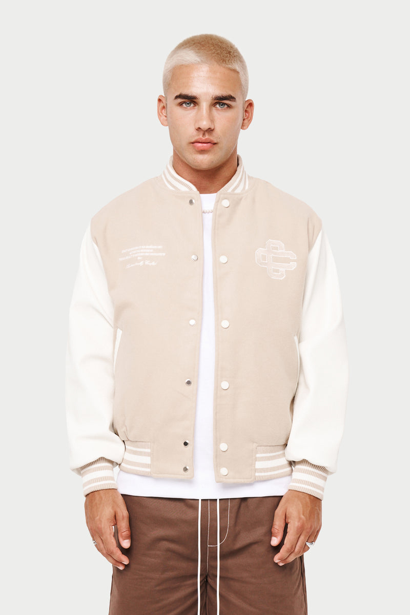 Beige Emblem Script Varsity Jacket | The Couture Club