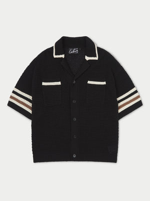 STRIPE TRIM CROCHET KNITTED SHIRT - BLACK