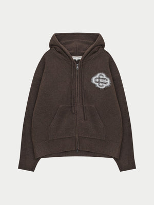 FLUFFY EMBLEM ZIP THROUGH KNITTED HOODIE - BROWN