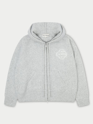 FLUFFY EMBLEM ZIP THROUGH KNITTED HOODIE - GREY MARL