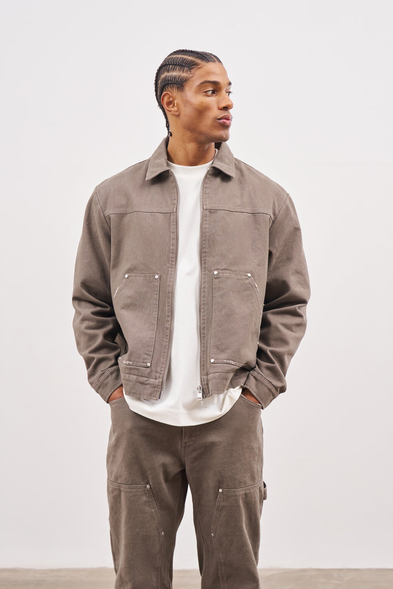 Twill Rivet Detail Carpenter Jacket - Brown – The Couture Club