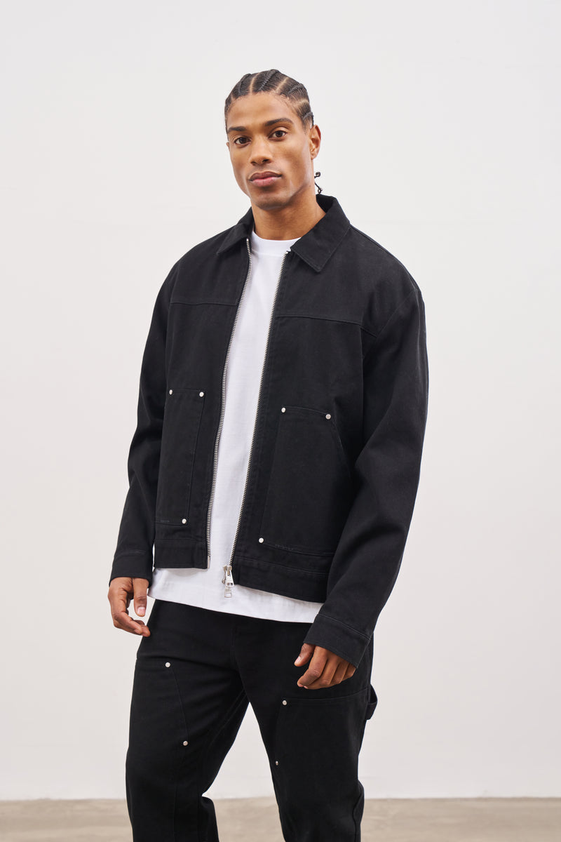 TWILL RIVET DETAIL CARPENTER JACKET - BLACK – The Couture Club