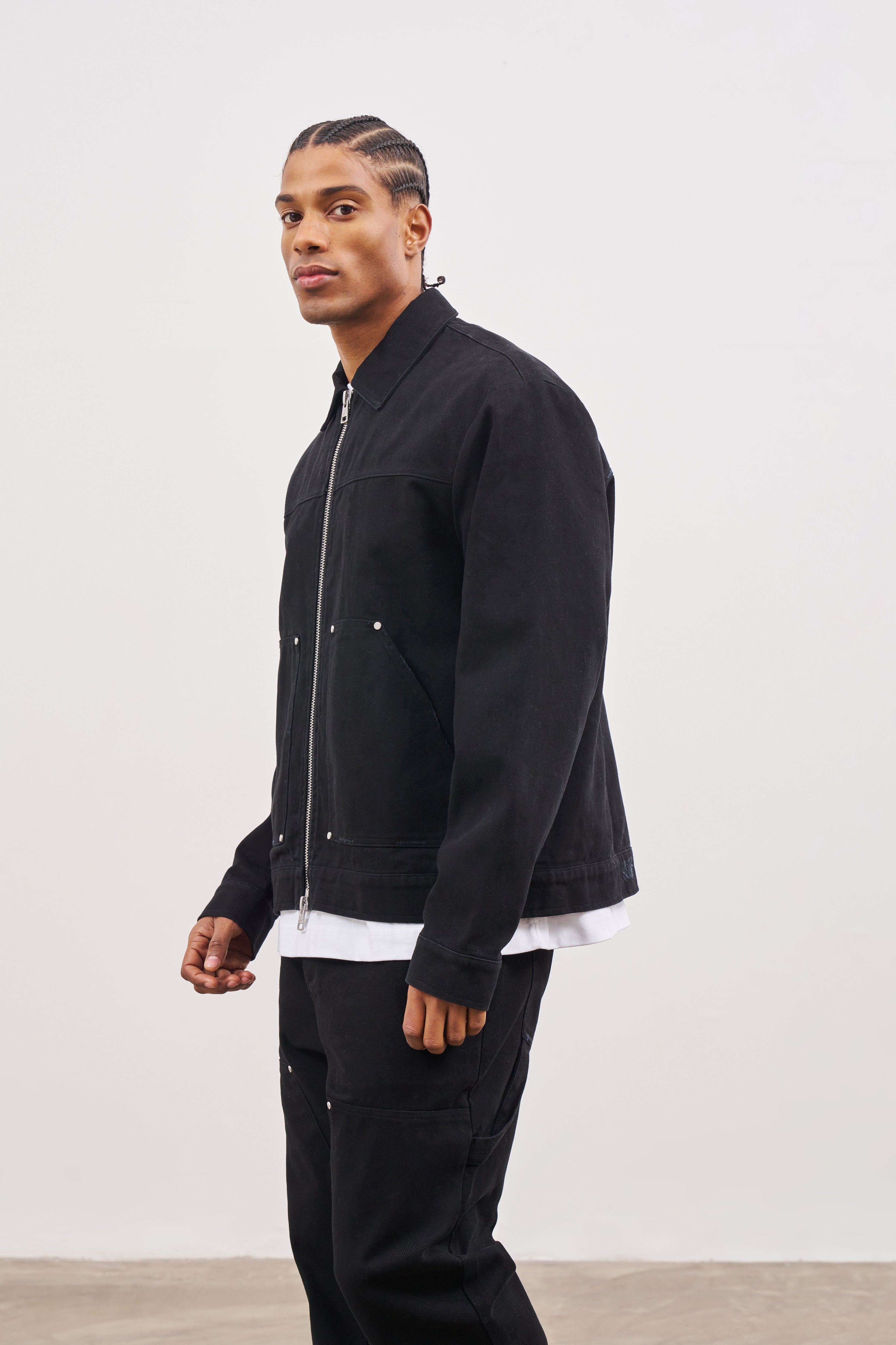 TWILL RIVET DETAIL CARPENTER JACKET - BLACK – The Couture Club