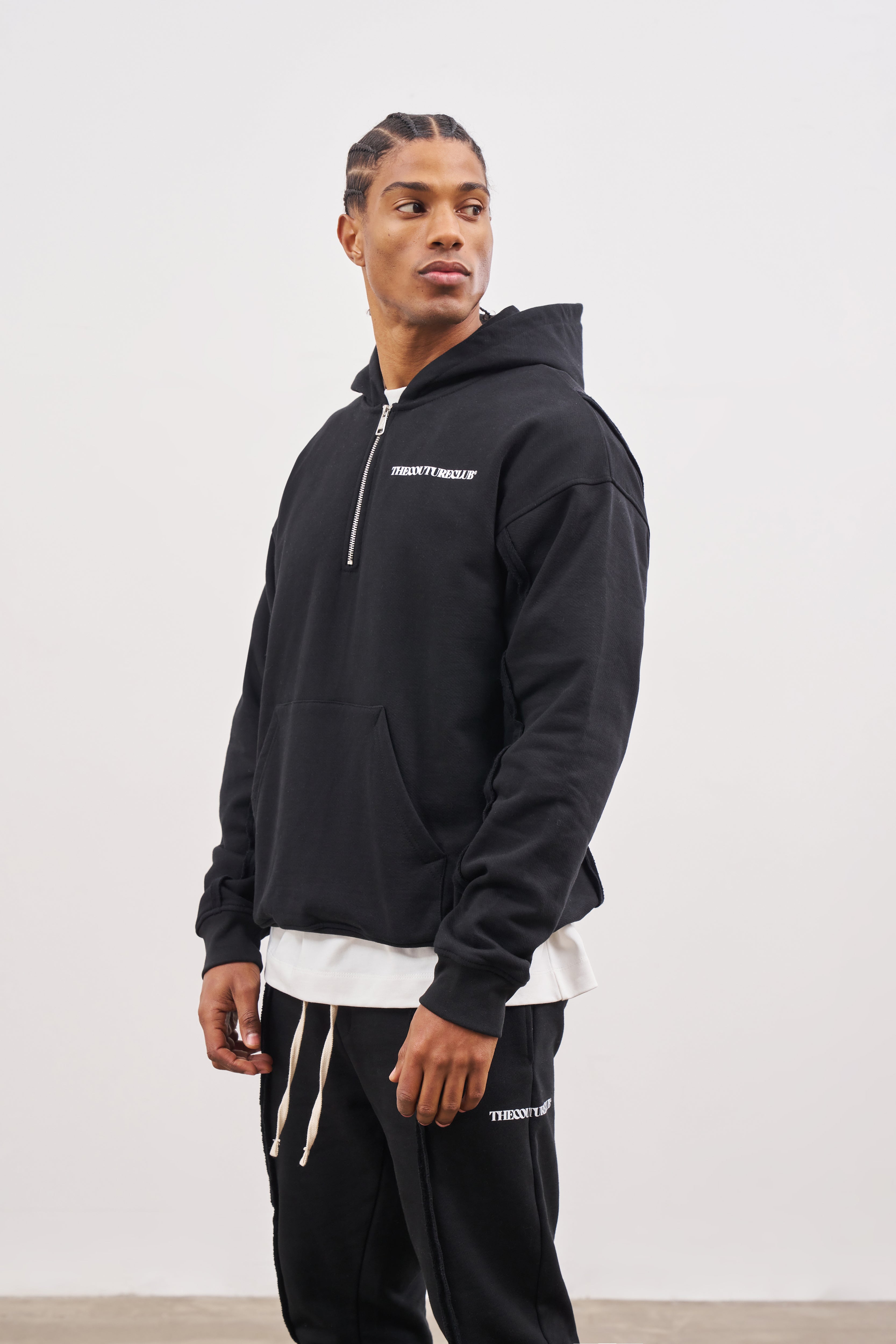 Black Raw Seam Quarter Zip Hoodie The Couture Club