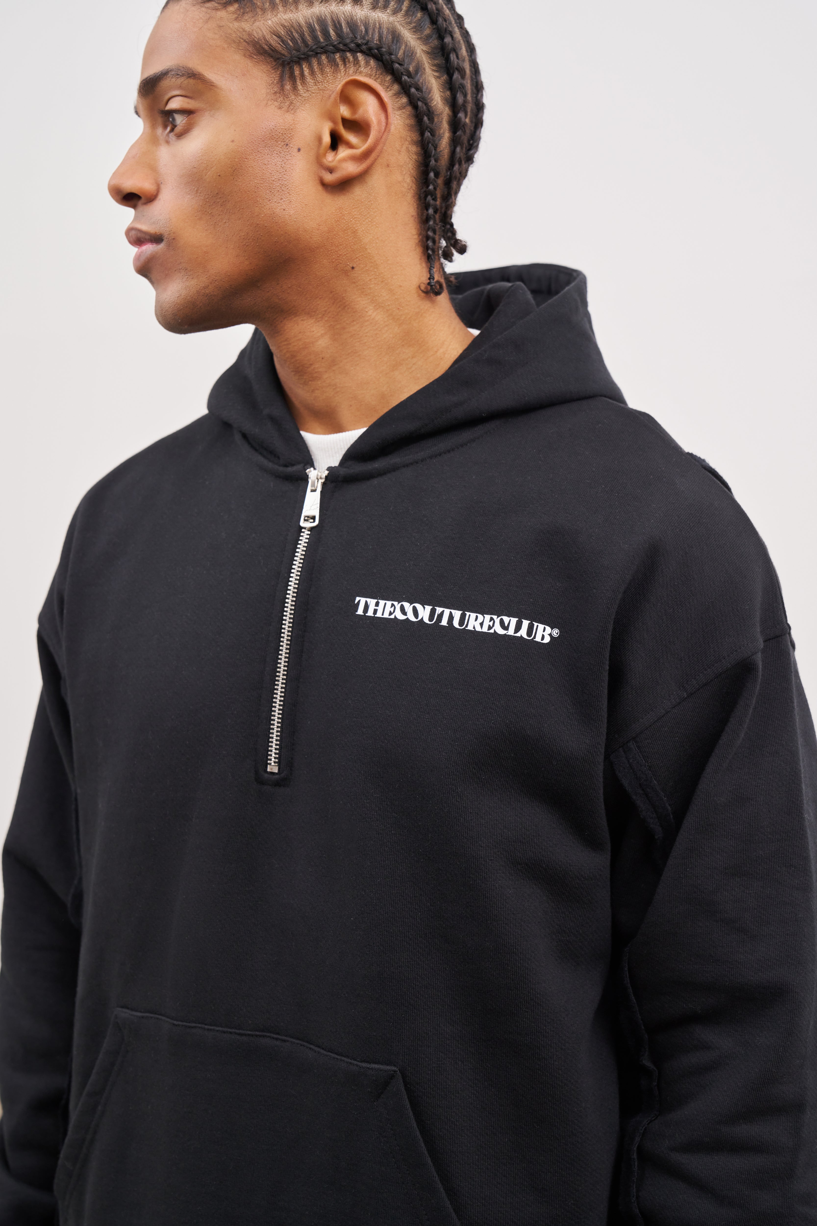 Black Raw Seam Quarter Zip Hoodie The Couture Club