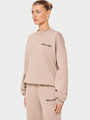 COUTURE SCRIPT PUFF SLEEVE CREW - BEIGE