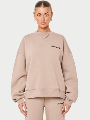 COUTURE SCRIPT PUFF SLEEVE CREW - BEIGE