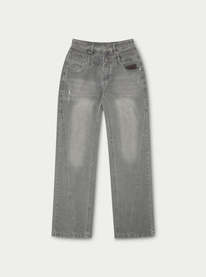 DISTRESSED DOUBLE WAISTBAND JEANS - GREY WASH