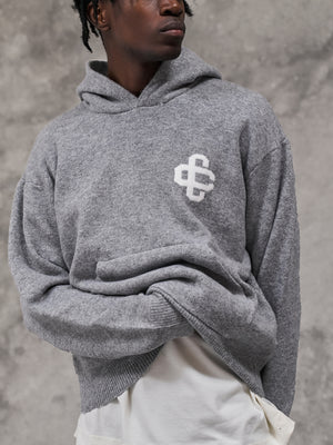 FLUFFY KNIT EMBLEM HOODIE - GREY MARL