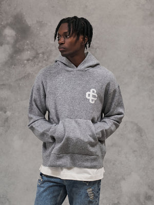 FLUFFY KNIT EMBLEM HOODIE - GREY MARL