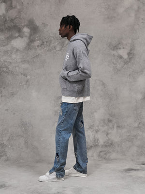 FLUFFY KNIT EMBLEM HOODIE - GREY MARL