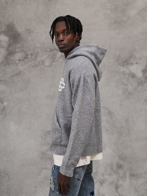 FLUFFY KNIT EMBLEM HOODIE - GREY MARL